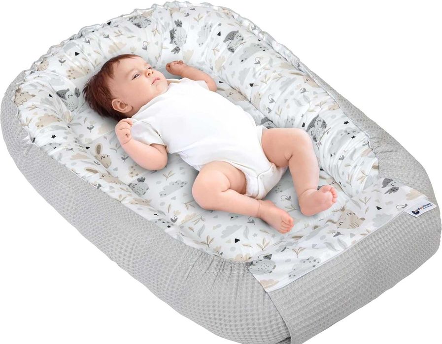Medi Partners – Бебешко гнездо Cuddle Nest, 100% памук, Waffle, 100 × 60 × 15 см, сив цвят с животни