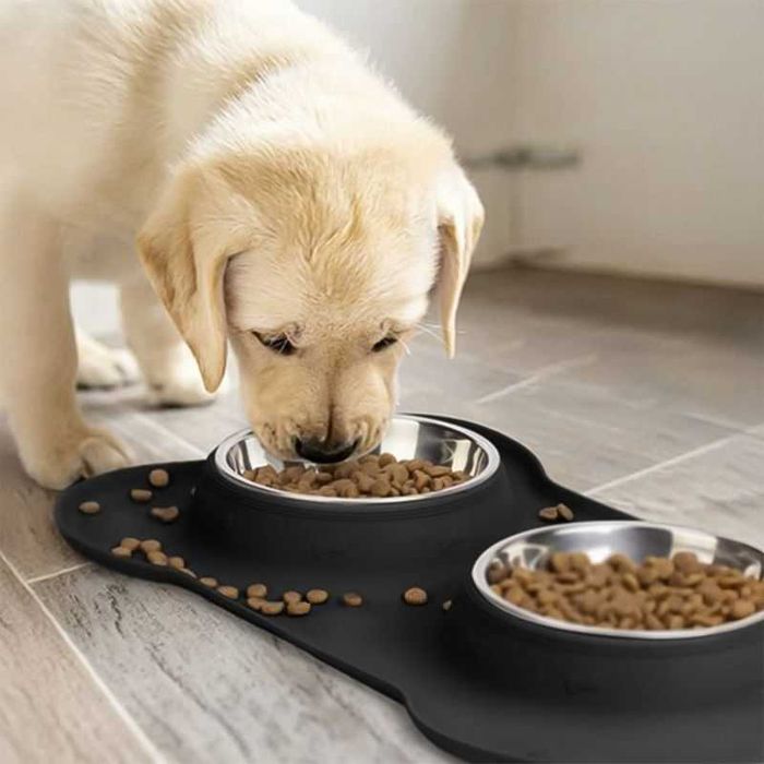 Двойна купа за кучета/котки, неръждаема стомана, силиконова стойка