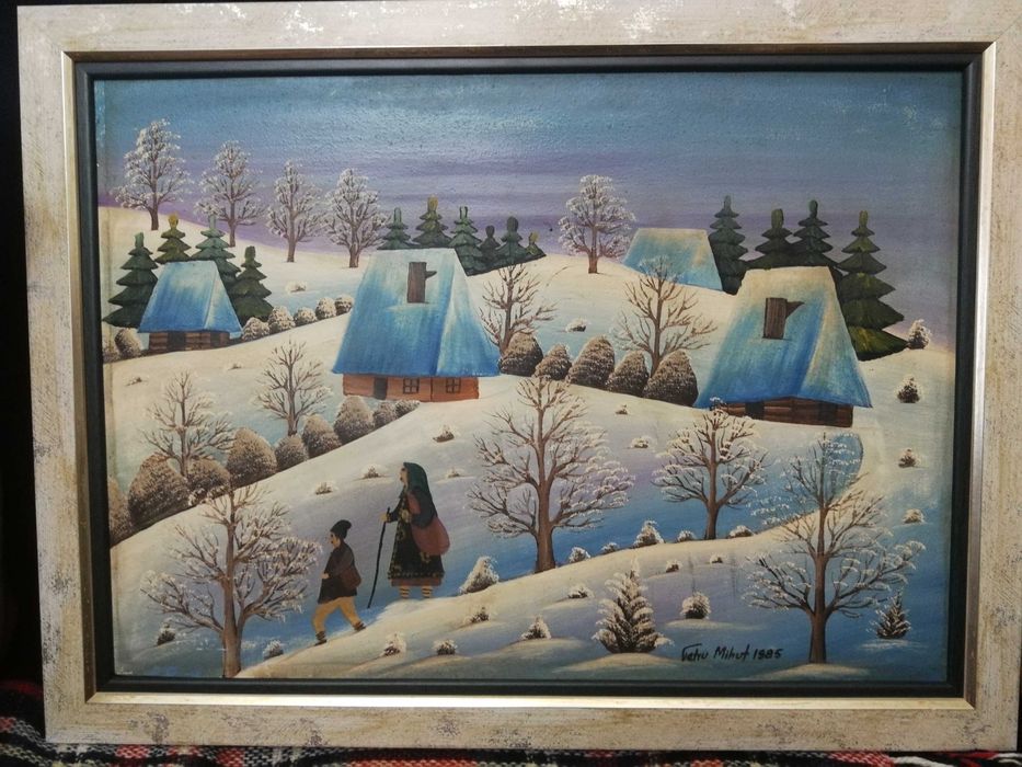 Tablou Arta Naiva Pictura Ulei pe Panza Petru Mihut Iarna 1985