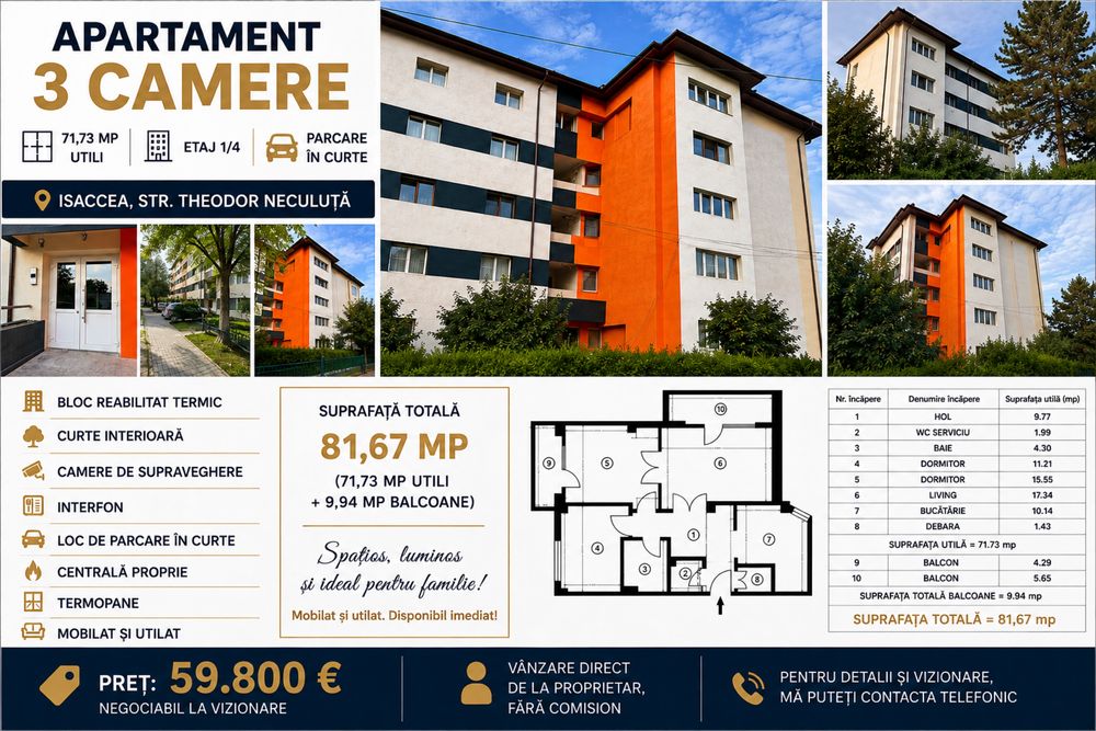 Apartament 3 camere, 71,73 mp utili, etaj 1/4, parcare – Isaccea
