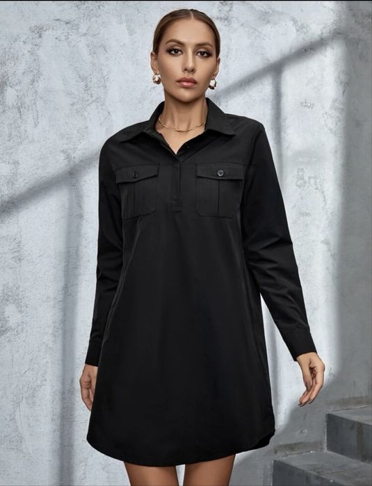 Рокля риза, черна с джобове