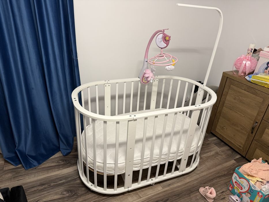 Patut lemn Fairytale Mobexpert cu saltea bambus si baldachin incluse