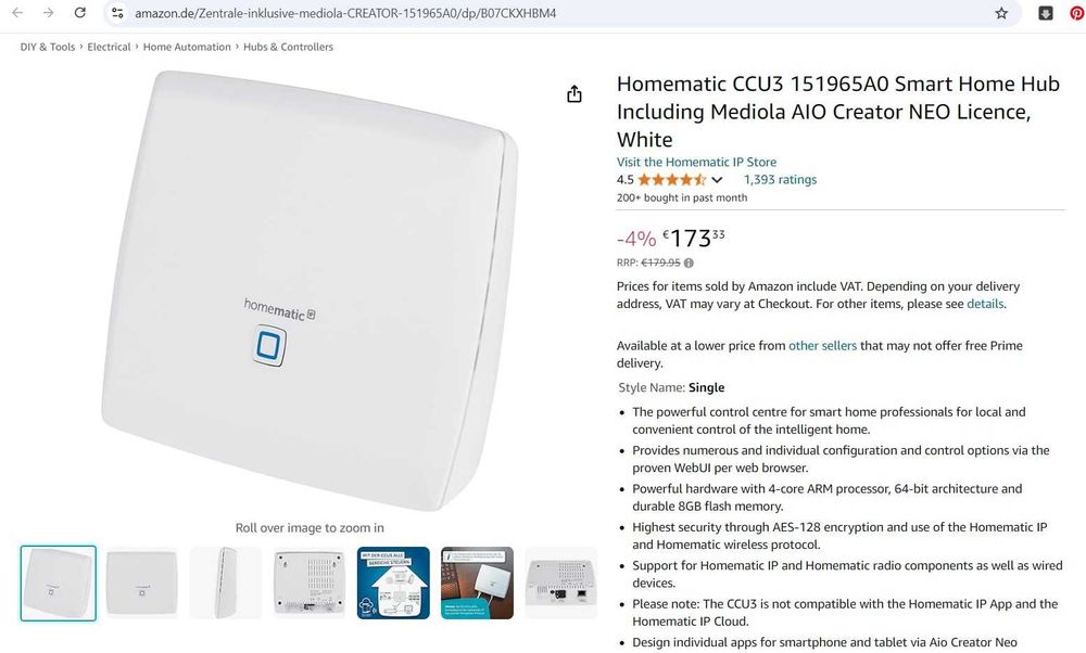 Hub Homematic CCU3 151965A0 cu licență Mediola AIO Creator NEO, alb