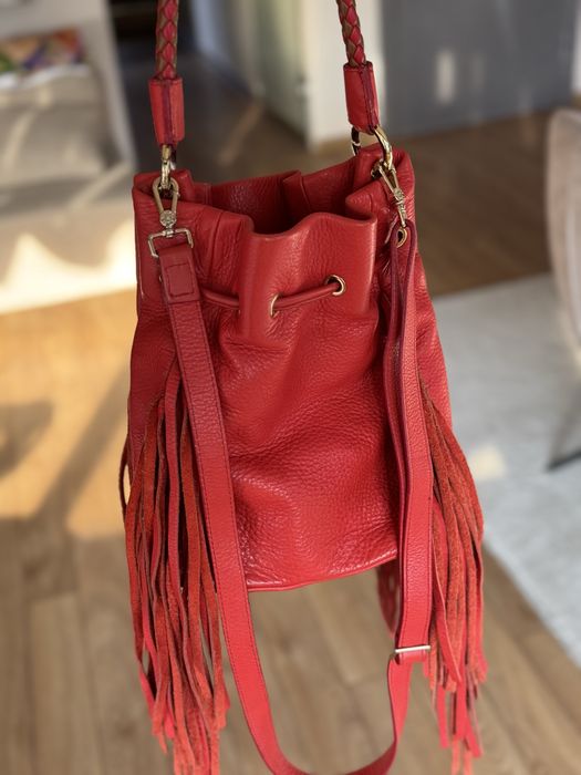 Roberta Biagi италианска кожена червена чанта с ресни отлична