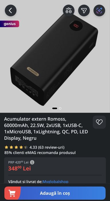 Power bank / baterie externa Romoss PEA60 60.000mAh 22.5w 222Wh