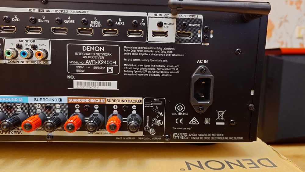 Denon AVR x2400H 7.2 канален 4K Аудио-видео ресивър с Dolby Atmos