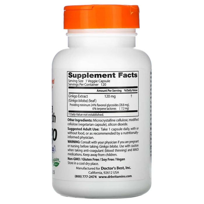 Гинкго, ginkgo, Doctor's Best, гинкго с повышенной силой действия