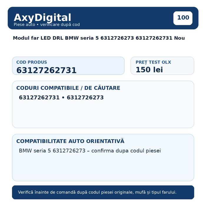Modul far LED DRL BMW seria 5 6312726273 63127262731 Nou