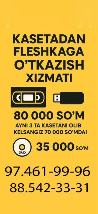 VHS ( kaseta) dan Fleshkaga videolarni o’tkazib beramiz