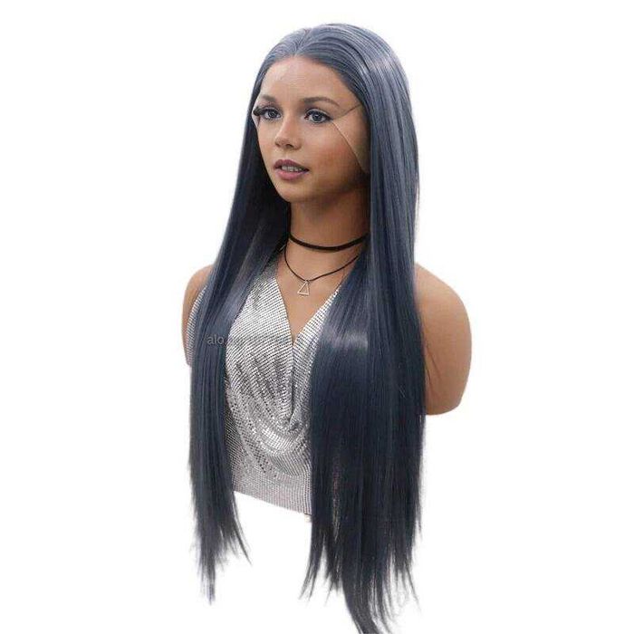 Модерна синьо-сива права перука - 80 см с лейс фронт 13×4