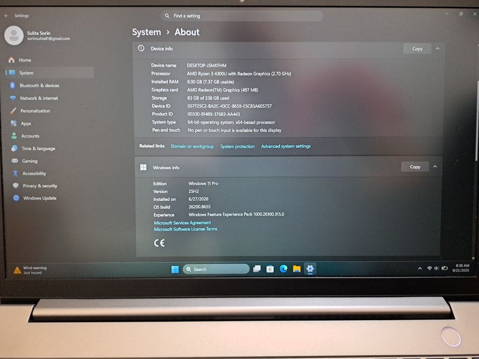 Laptop Lenovo AMD ryzen3   2,7GHz