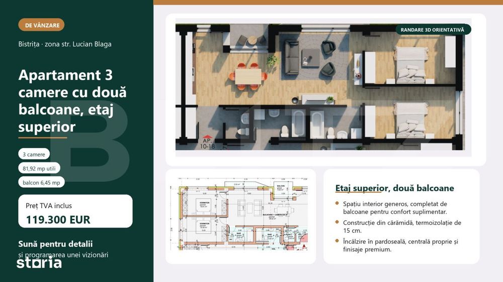 Apartament 3 camere, 82mp, bloc nou, zona Giulia