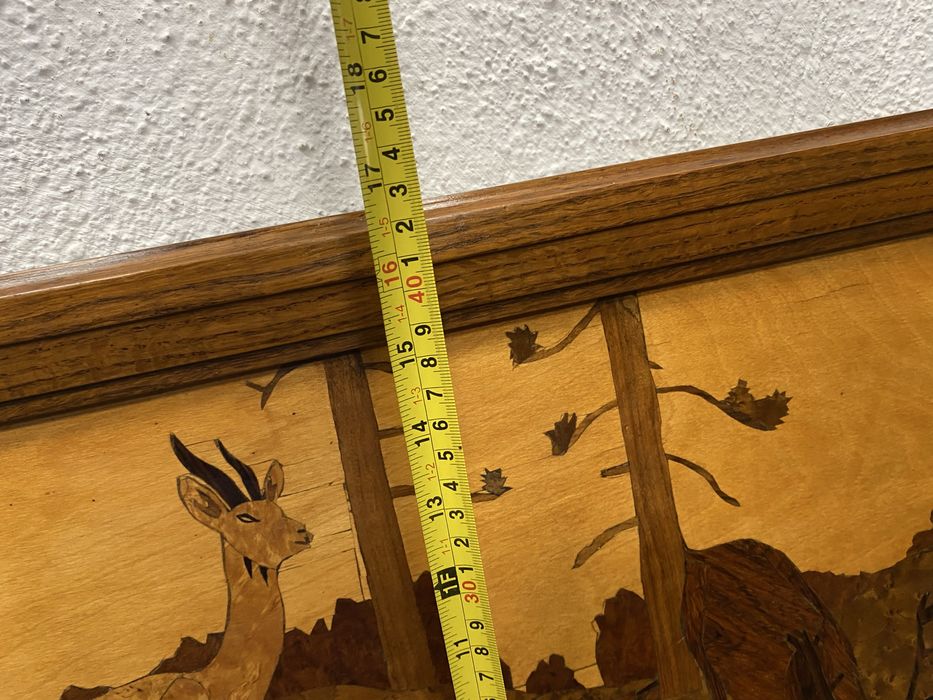 Винтидж дървена маркетерия картина елени Западна Европа 1950-те