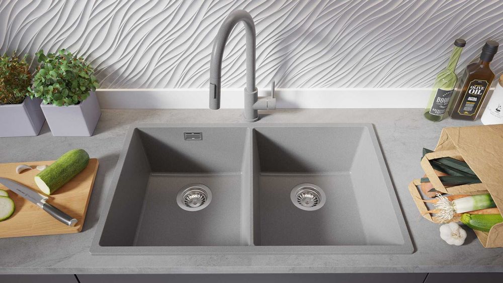 Сив гранитна мивка с две корита за вграж Лондон 80 Twin 760 x 470 мм