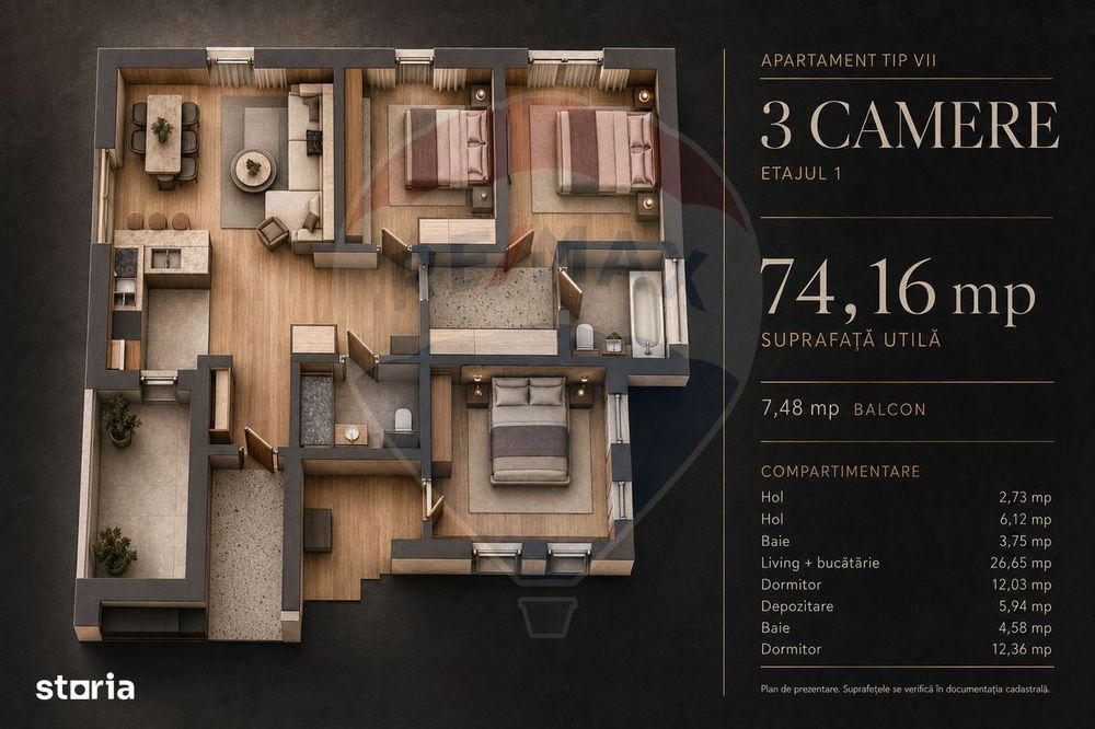 Apartament 3 camere, 74,16 mp utili, 2 băi + balcon | Tractorul
