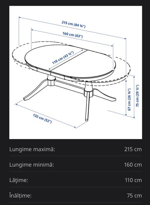 Masa alba cadru lemn Kika extensibilă,, 160/215x110 cm