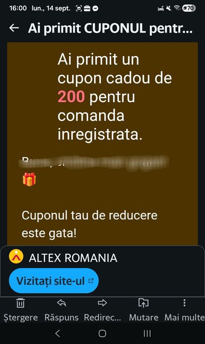 Vand Cupon 200 lei  Altex , valabil pentru produse ASUS participante din Anexa 1 (monitoare, placi de baza, carcase, routere, laptopuri TUF, etc).