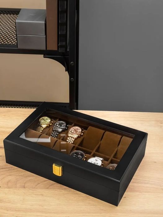 Шкатулка для часов и украшений деревянная с замком черный, хаки