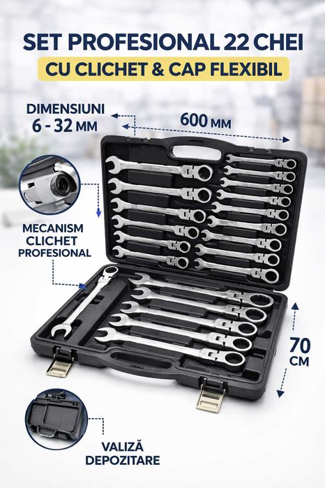 Set 22 Chei Combinate cu Clichet Cap Flexibil 6-32mm Profesional