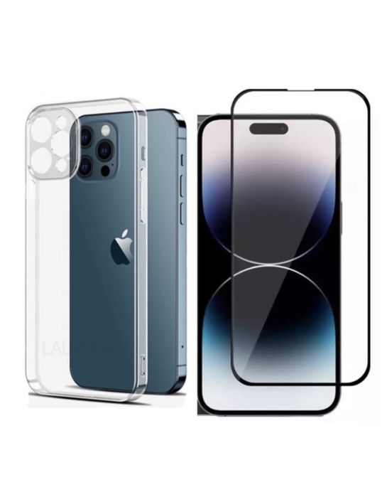 Iphone 13/14/PRO/MAX/PLUS Husa Silicon Clear Black + Folie Sticla Edge