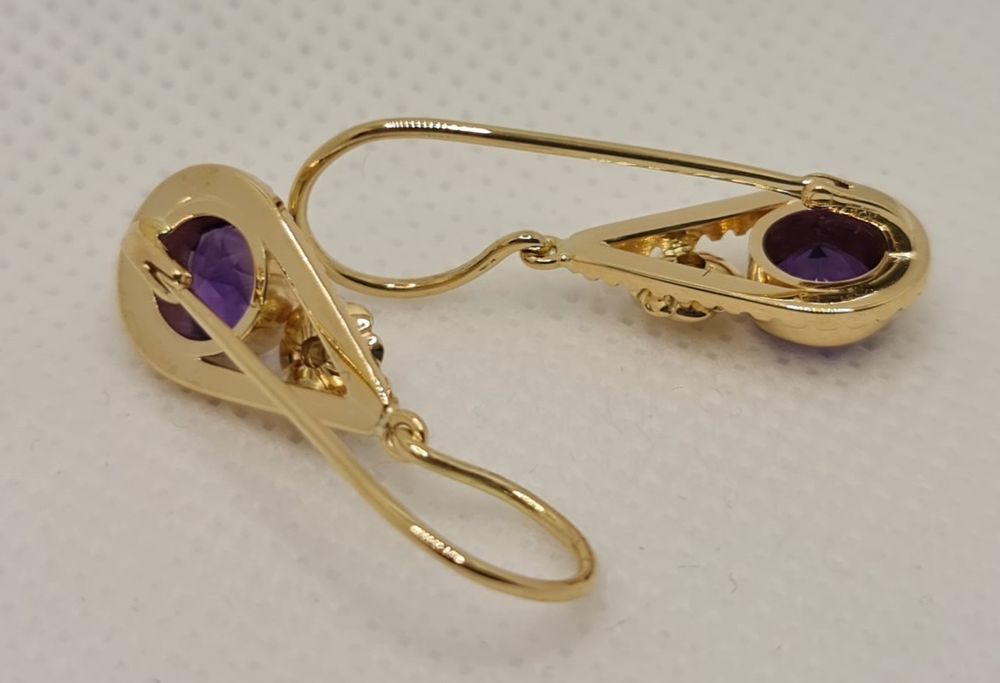 Cercei din aur galben 14k cu diamante și ametist natural