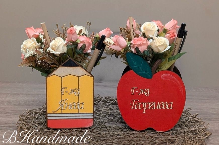 Персонализирани, дървени саксийка, молив и моловници - букети