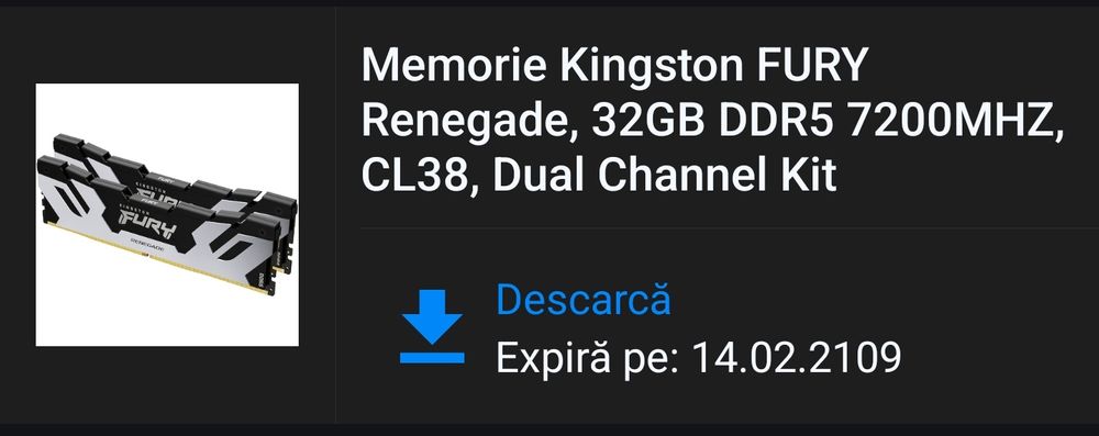 Memorie Kingston FURY Renegade, 32GB DDR5 7200MHZ, CL38, Dual Channel