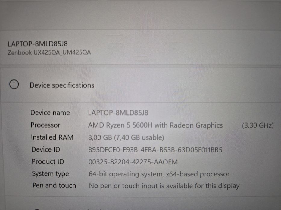 Laptop Asus Zenbook 14 inch metalic Ryzen 5 5600H 512 gb ssd Windows