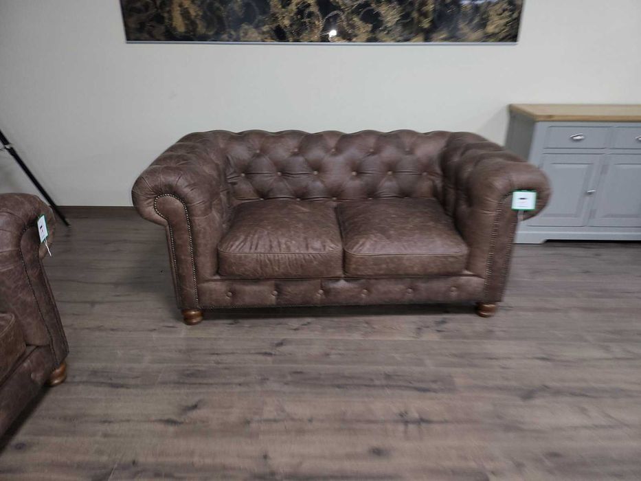 Антично кафяв кожен комплект тройка и двойка Честърфийлд