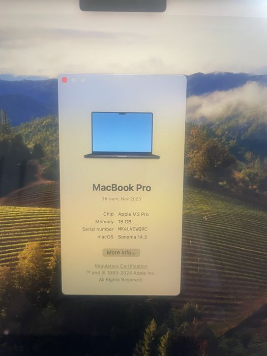 MacBook Pro 16” M3 Pro 18/512 – 15 цикъла, 100% батерия,  активен AppleCare+ до 26.03.2027 г.