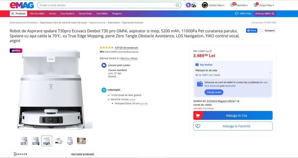 Aspirator robot Ecovacs DEEBOT T30 Pro OMNI, 11000Pa, 5200mAh, Capacitate colectare 3.4L