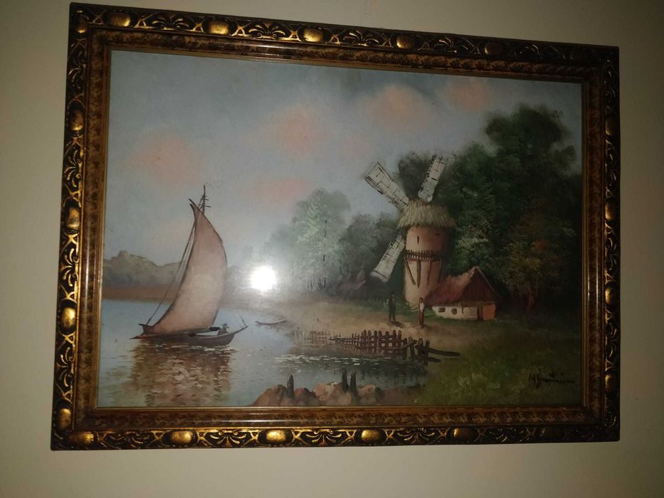 Tablou decorativ vechi – peisaj cu moară de vânt – ramă aurită masivă