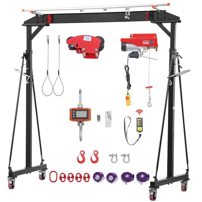 Macara portal reglabila 997,9 kg, inaltime 243-363 cm, cu carucior manual, palan electric, chingi, chei tachelaj si carlig, pentru atelier