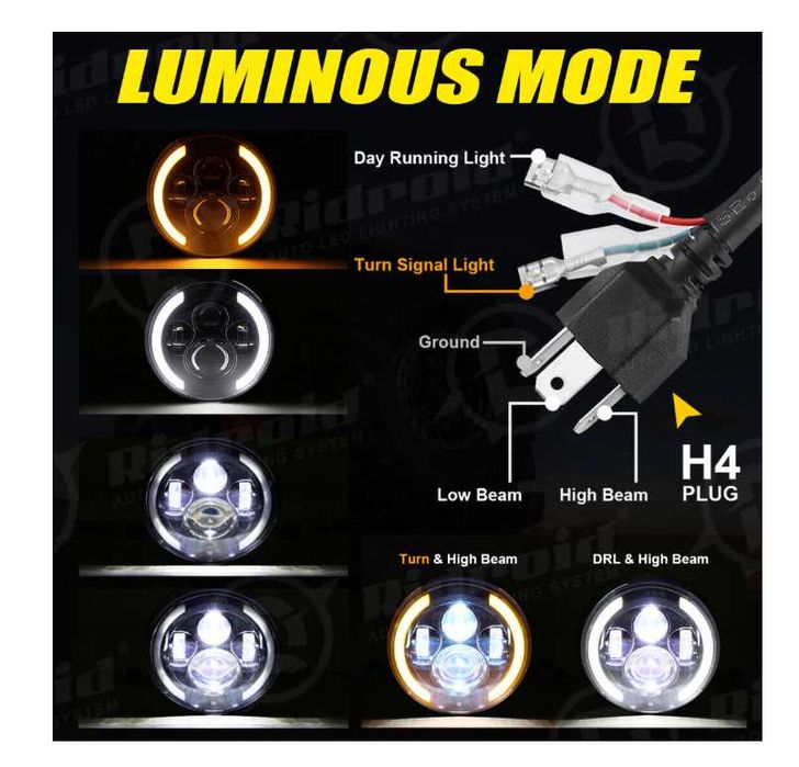 К-т Кръгли LED фарове 7" 70W H4 букса, къси, дълги, дневни и мигач