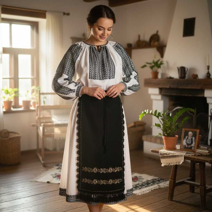 Costum popular vechi lucrat manual cu catrinte fir metalic S-M