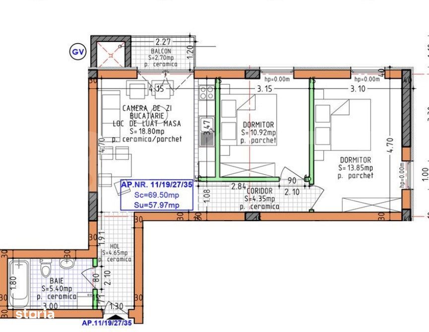 Apartament 3 camere, 57.97 mp, zona Calea Moldovei