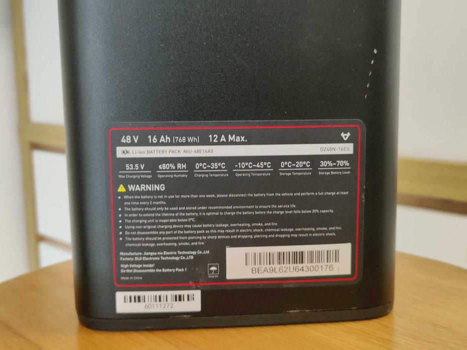 Constructie Baterie e-bike NIU AERO, 48E16A0 (48V, 16Ah sau 20Ah)