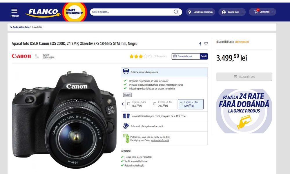 Vand/Schimb Canon EOS 200D,24.2 MP,Wi-Fi,Negru +Obiectiv EF-S 18-55mm.