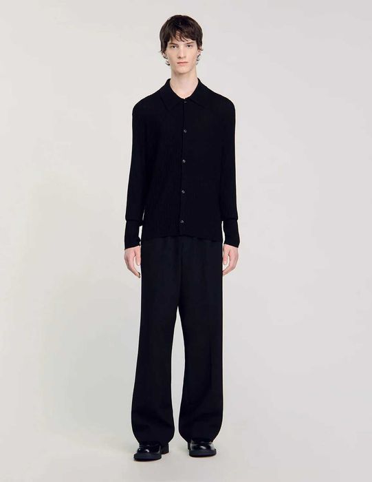 Sandro, Cămașă de lână din tricot reiat, Negru, M