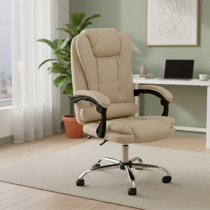Ергономичен офис стол с лумбална опора от еко кожа в бежов цвят