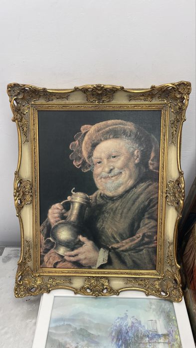 Tablou vintage pictat manual pe pânză, ramă aurie sculptată