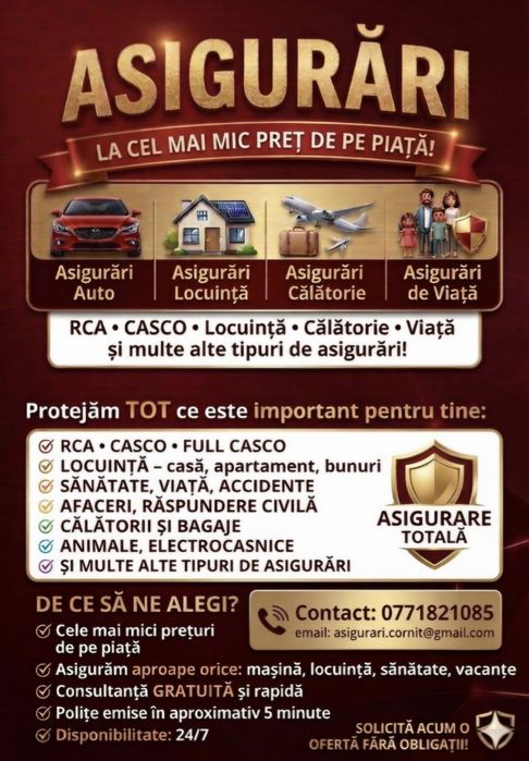 Asigurări RCA, CASCO, Locuință, Sănătate, etc.- Cele mai mici prețuri!