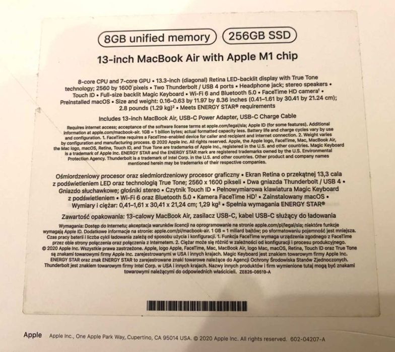 MacBook Air 13-inch, Apple M1 chip, 8GB RAM, 256GB SSD