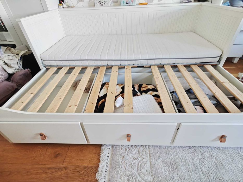 IKEA HEMNES divan extensibil alb + sertare, pat dublu, saltea inclusă 80x200