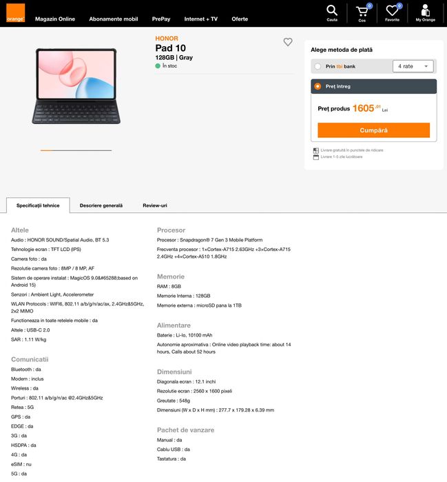 Tableta HONOR Pad 10 - 12.1 inchi, 5G - Sigilata - Garantie