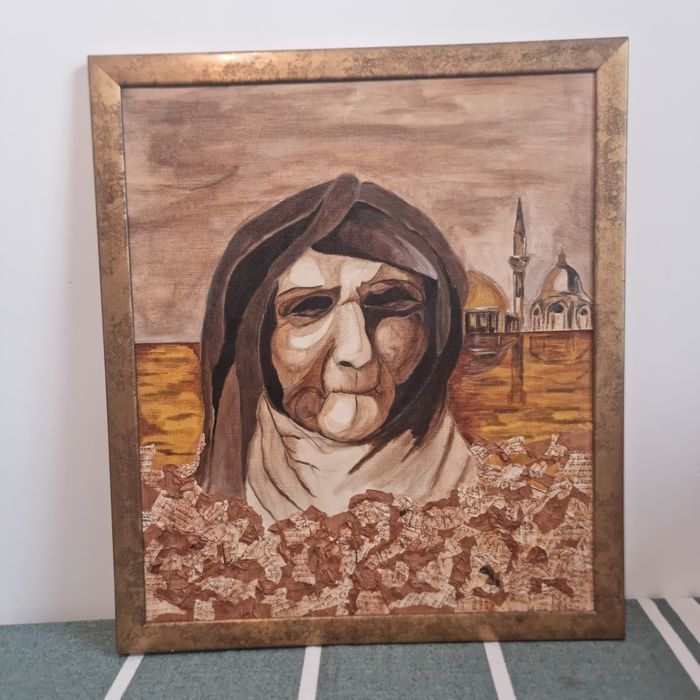 Tablou decorativ mare, tehnică mixtă (colaj + pictură pe pănză), 76×67