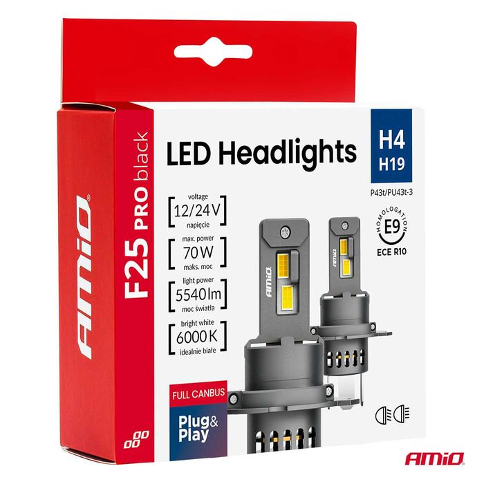 LED Диодни крушки за кола F25 PRO BLACK H4/H19 70W 12/24V FULL CANBUS