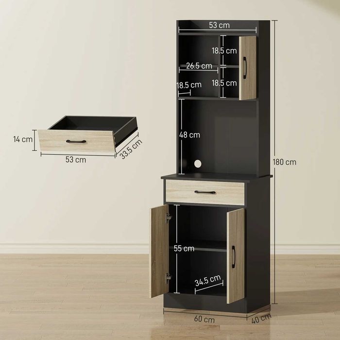 Dulap Bucatarie Modern , Stil Soldat Negru si Lemn , HOMCOM