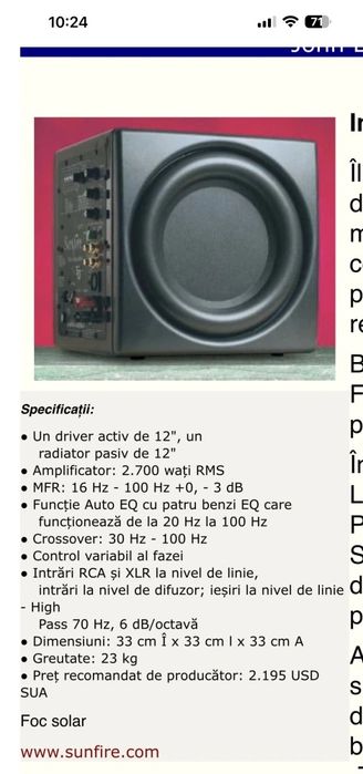 Sunfire TRUE Subwoofer EQ 12 Signature Edition Piesă de Colectie cu 2 Difuzoare și Putere REALĂ 2700W-RMS 116dB 16Hz Preț de LISTĂ 2500€ 40Kg
