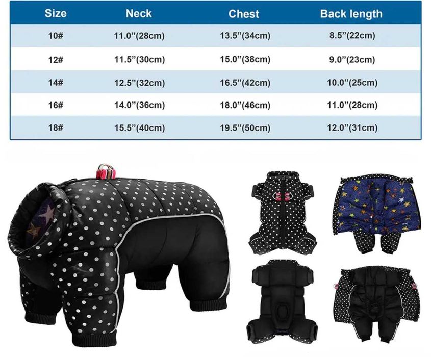 Кучешка зимна дрешка яке гащеризон за куче на точки ватирано черно